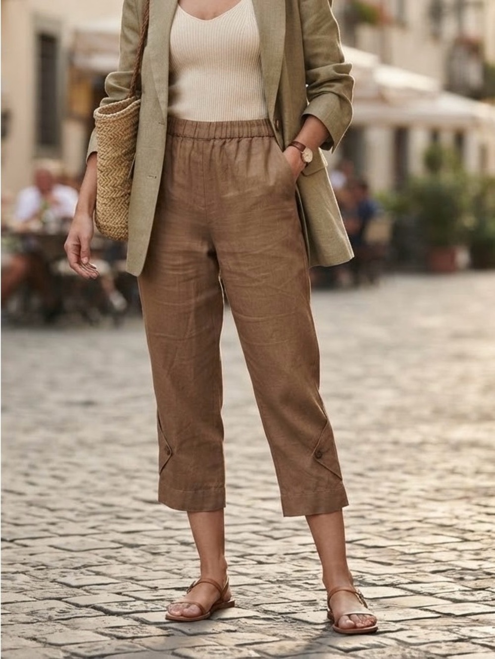 Click by Color Me Cotton Mocha Brown 100% Linen Crop Pants Capris Relaxed Boho L